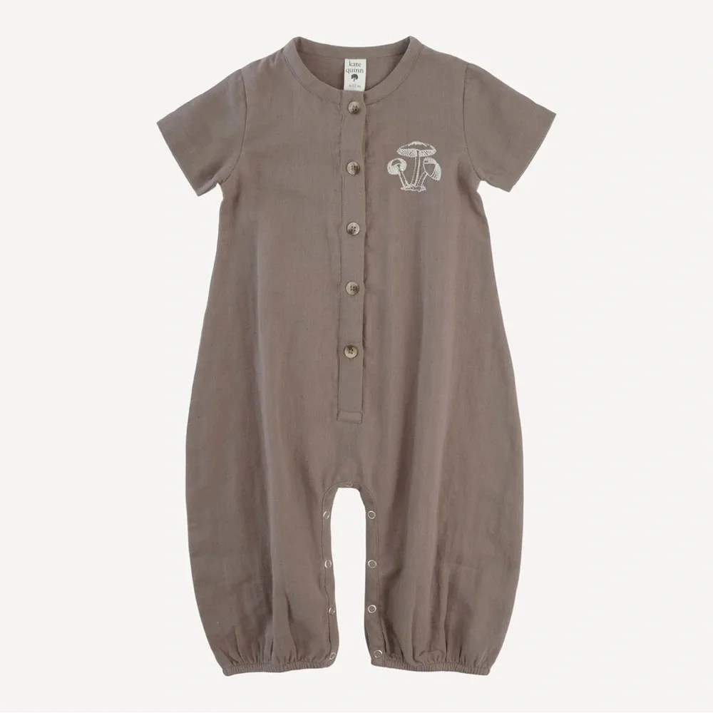 Kate Quinn Brown Kids Romper with Mushroom Design